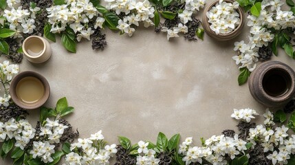 A serene arrangement of flowers and bowls on a neutral surface, ideal for relaxation or wellness.