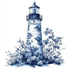 Serene Lighthouse and Blooming Blue Flowers Illustration in the Toile De Jouy style