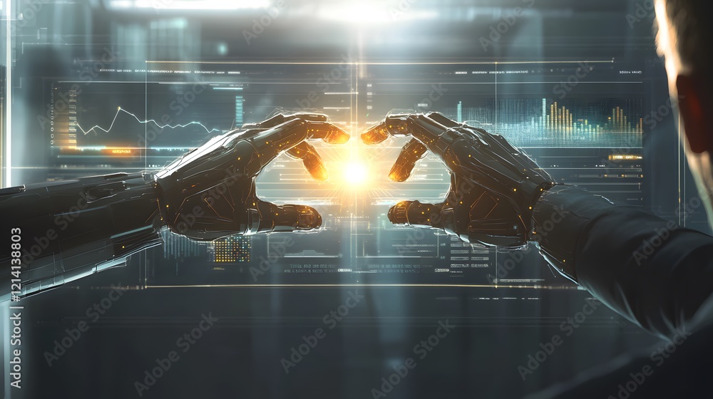 Poster robotic hands interacting with digital data screens