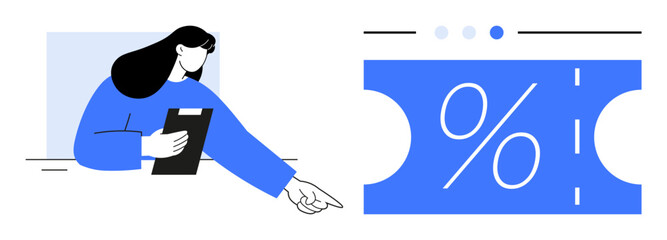 Woman holding clipboard points towards a large blue discount coupon with percentage symbol. Ideal for discounts, promotions, marketing, shopping, sales strategy, business offers, retail. Abstract