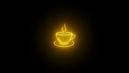 Bright neon line coffee cup icon on the black background.