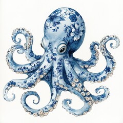 Intricate Blue Floral Octopus with Porcelain Pattern Design in the Toile De Jouy style