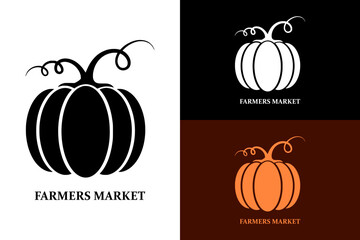illustration of a pumpkin with curling vine, vegetables shop, fruits shop, farmers market, organic food, healthy, halloween, vegetarian, veggies, farming, agriculture, abstract logo, vector