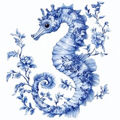 Intricate Blue Floral Seahorse Artwork in the Toile De Jouy style