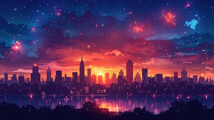 A firework display lights up the night during an Independence Day celebration in this vibrant flat design illustration