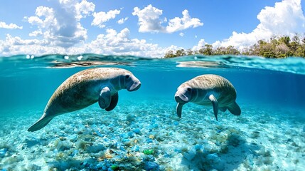 Underwater Scene with Manatees and Coral Reef