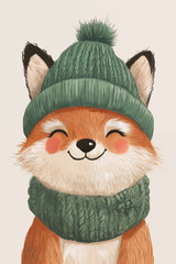 Obraz premium Portrait of a cute fox wearing knitted hat and scarf. Good for nursery decorations, greeting cards. Ai generated