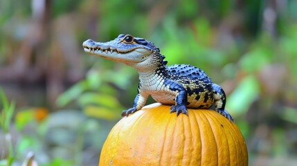 Small alligator perched atop a large orange pumpkin in a lush green garden.