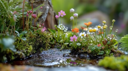 Delicate Flowers Bloom Amidst Moss and Water Droplets in a Miniature Scene