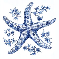 Intricate Blue Floral Starfish with Porcelain-Inspired Patterns in the Toile De Jouy style