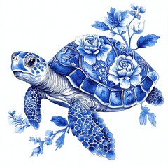 Intricate Blue Floral Sea Turtle Artwork with Mosaic Patterns in the Toile De Jouy style