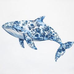 Intricate Blue Floral Whale with Porcelain-Inspired Patterns in the Toile De Jouy style