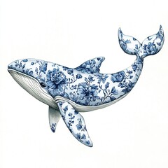 Intricate Blue Floral Whale with Porcelain-Inspired Patterns in the Toile De Jouy style