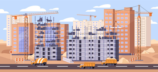 Construction site area with cranes, trucks. Process of building high rise house, multistory real estate, multi storey residential apartments. Incomplete new block of flats. Flat vector illustration © Paper Trident