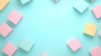 Colorful geometric blocks arranged in a circular pattern on a soft blue background for creative projects
