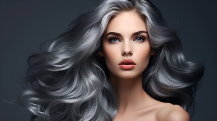 Fototapeta premium Model with flowing silver hair captured in a studio setting showcasing beauty and elegance with soft lighting and dramatic style