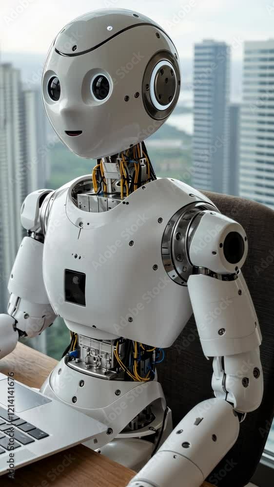 Poster robot assistant working at a desk in a modern urban office during daylight hours surrounded by tall 