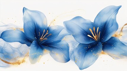 Abstract blue lily flowers with golden glitter on a white background. Watercolor painting. 