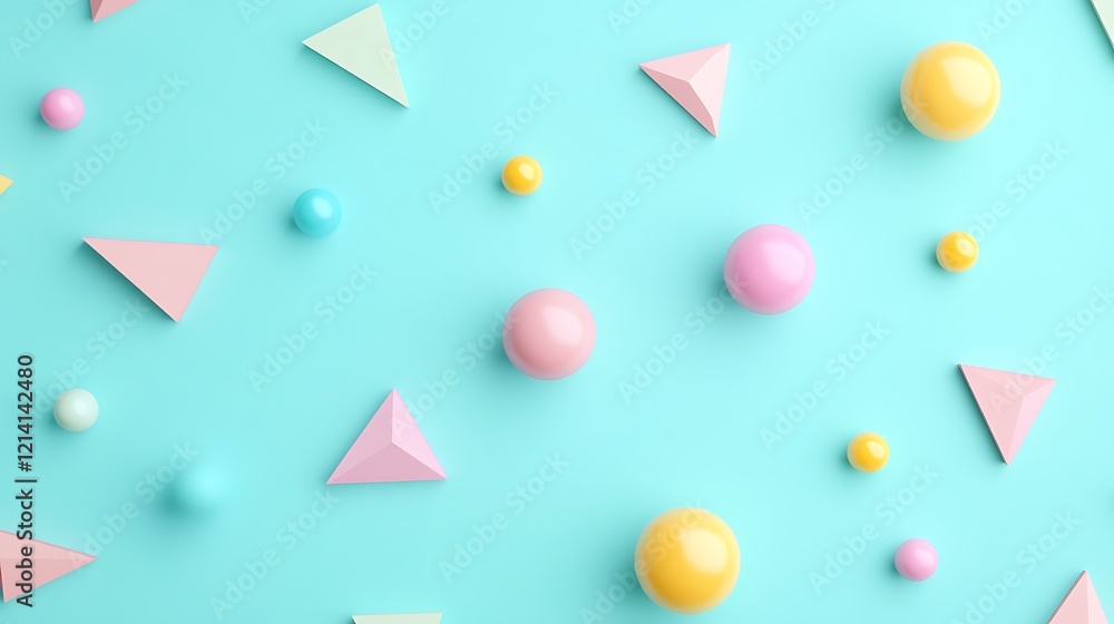 Poster colorful geometric shapes and 3d objects on light blue background for modern design concepts