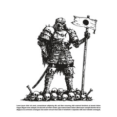 Grunge giant armored skeleton samurai standing on human skeleton skull holding a flag and sword illustration
