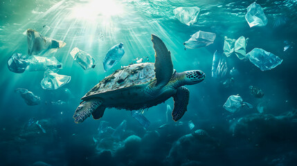 Fototapeta premium dramatic underwater scene showing a sea turtle trapped in a cloud of floating plastic bags and bottles