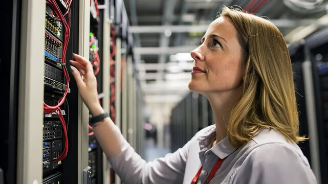 A woman IT manager implements advanced cybersecurity firewalls, preventing network breaches in a corporate environment