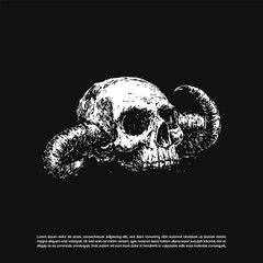 Metal dead art human skull with two horn isolated on black background
