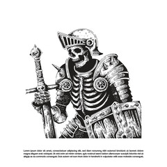 Detailed hand drawn ink art skeleton army with full armor, sword and shield. Death skeleton black art vector