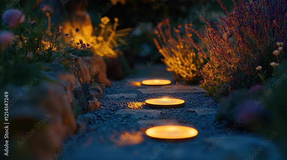 Poster illuminated path with candles in a garden at dusk creating a warm and inviting atmosphere