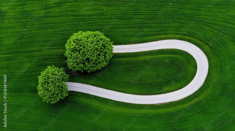 Poster aerial view of curving path: a winding white path gracefully curves through a vibrant green field, c