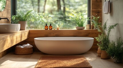 Fototapeta premium Tranquil bathroom with a freestanding bathtub