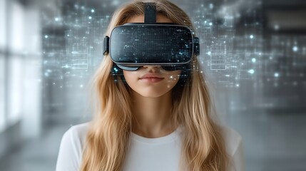 Woman using VR headset, immersed in digital world.