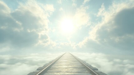 Fototapeta na wymiar Railroad tracks extending to bright sun above fluffy clouds.