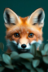 An endearing selfie of a curious fox cub peeking out from behind a bush, with its bright eyes and bushy tail visible,