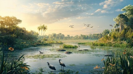 A wide-angle shot of a lush wetland reserve with protected species of birds and animals, emphasizing the harmony between ecosystems and wildlife protection efforts
