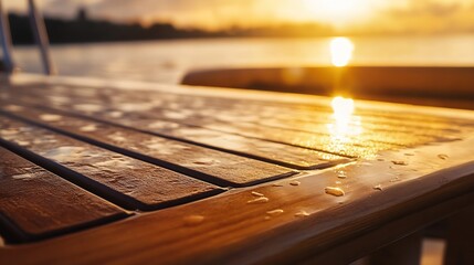 Fototapeta premium Sunlit Water Droplets on a Boat Deck During a Golden Sunset : Generative AI