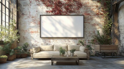 Cozy modern living room with blank canvas on brick wall
