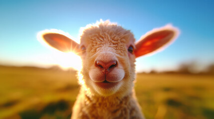 Fototapeta premium A cute selfie of a baby lamb frolicking in a sunny pasture, with its woolly coat and joyful expression highlighted by natural light,