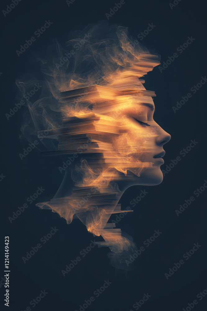 Poster an elegant digital artwork depicting a mystical head made from stacked books, with glowing pages for
