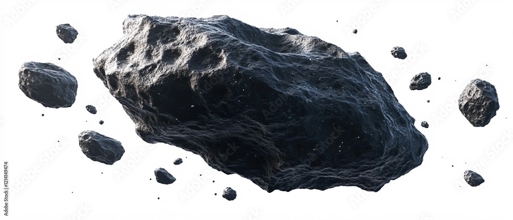 Poster dark rocky asteroid floating in space with smaller fragments on a bright white background