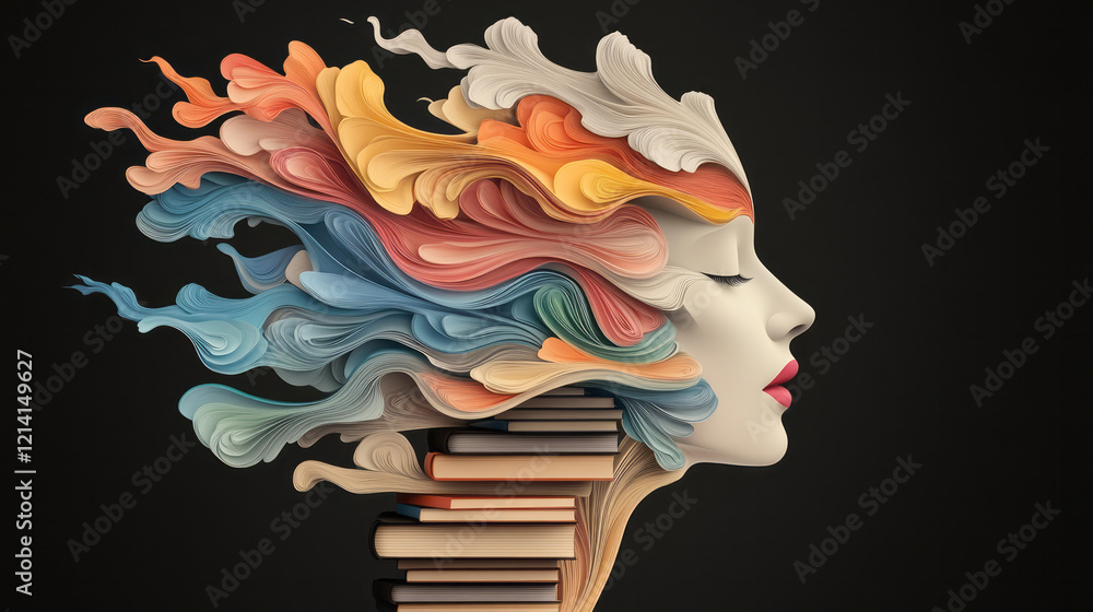 Poster an artistic representation of a human head blending seamlessly with a stack of colorful books, surro
