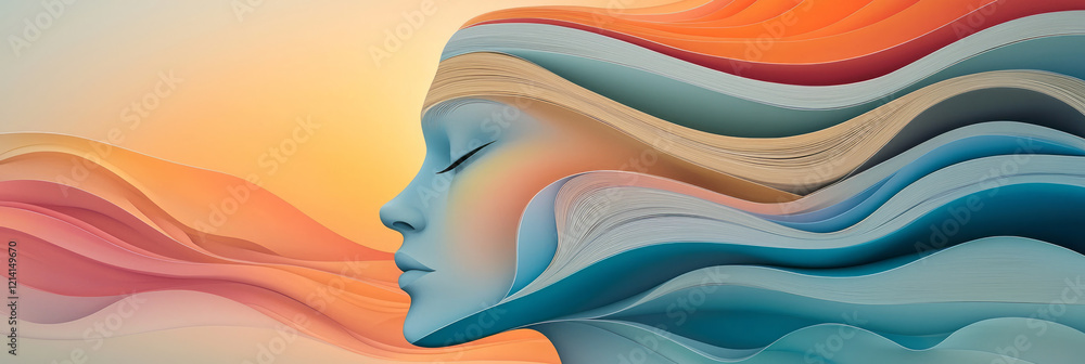 Poster a beautiful abstract surreal artwork featuring a head formed by floating books, with pages creating 