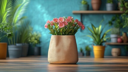 Cozy potted flowers on a wooden table