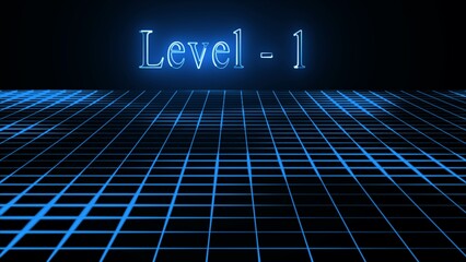 Level -1 text with neon light with laser grid landscape. Luminous and shimmering haze inside the blue letters of the text Level-1.