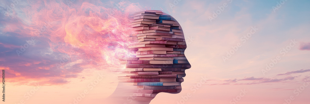 Poster a beautiful illustration of a head merging with a stack of books, surrounded by abstract swirls and 