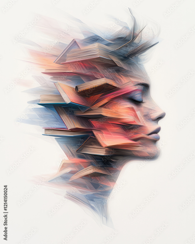 Poster a dynamic digital painting of a head composed of open books with pages flowing outward, blending int