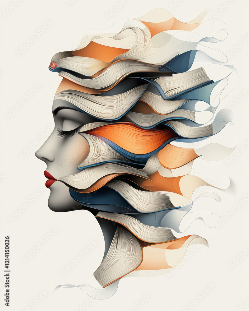 Poster a dynamic digital painting of a head composed of open books with pages flowing outward, blending int