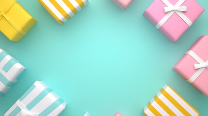 Colorful Gift Boxes with Ribbons Arranged on a Bright Turquoise Background for Celebration and Party Themes
