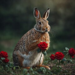 Fototapeta premium A cute hare sitting on its hind legs, holding a bright red rose in its mouth.