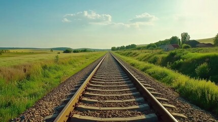Fototapeta premium Rural railway track vanishing into horizon under blue sky.